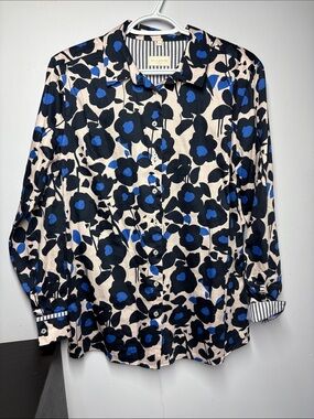 Milano Cream Button-Down Shirt with Black & Blue Floral Print